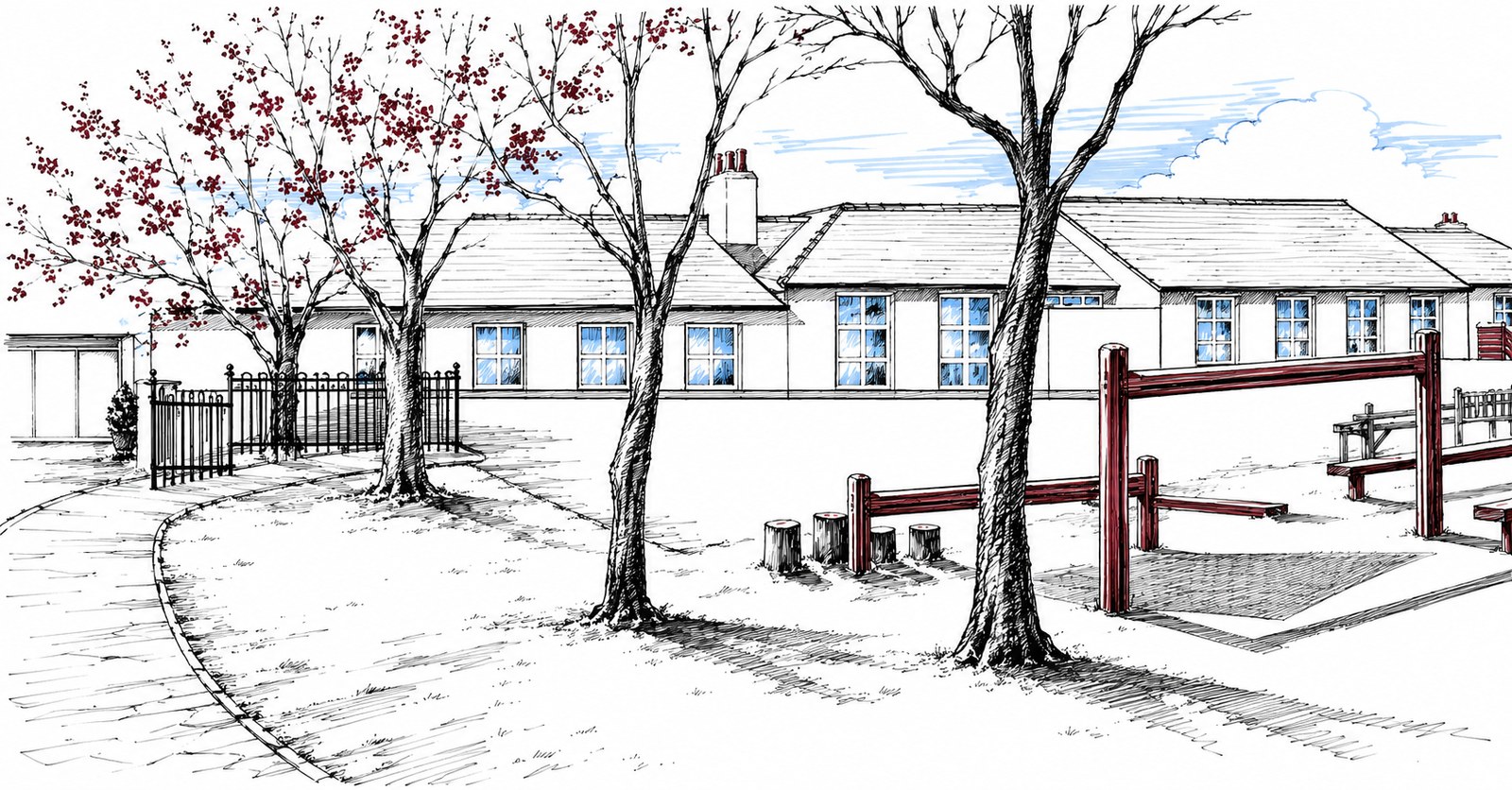 Pen and ink drawing of Laxey Primary School, with blossom trees and the playground