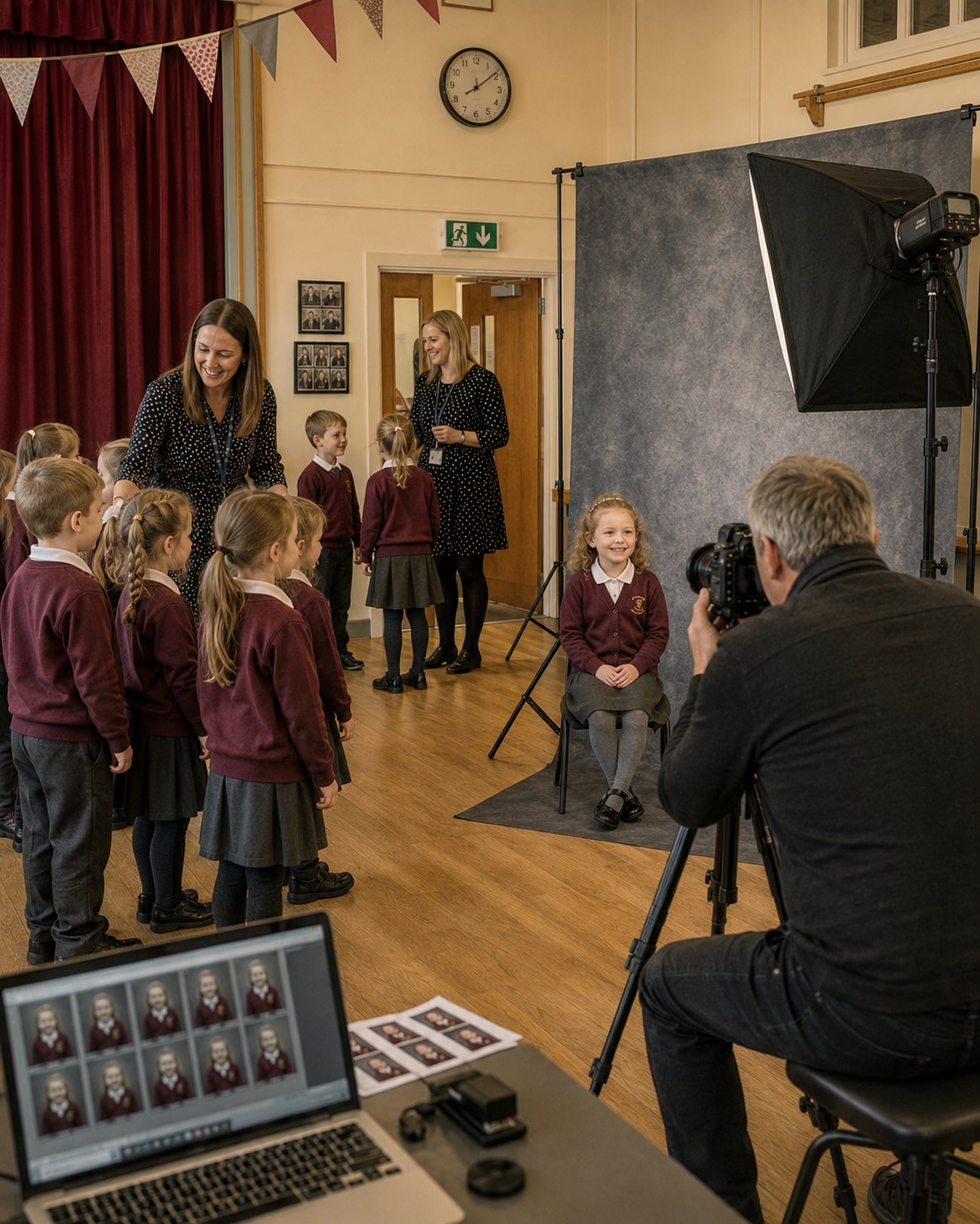 A pupil having her school photograph taken in the hall