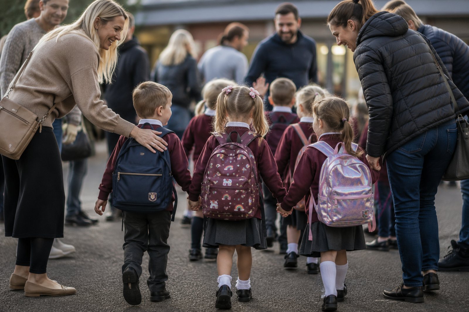 Young children in maroon uniform walking into school hand in hand