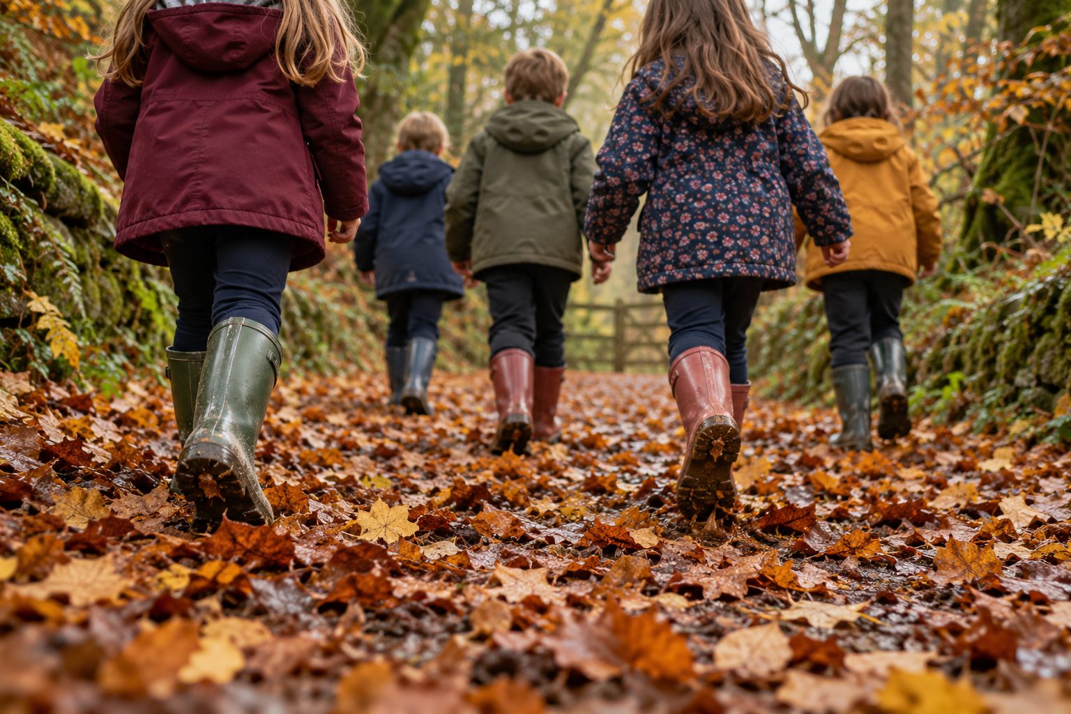 Five children in coats and wellies walking away along a leaf-covered lane