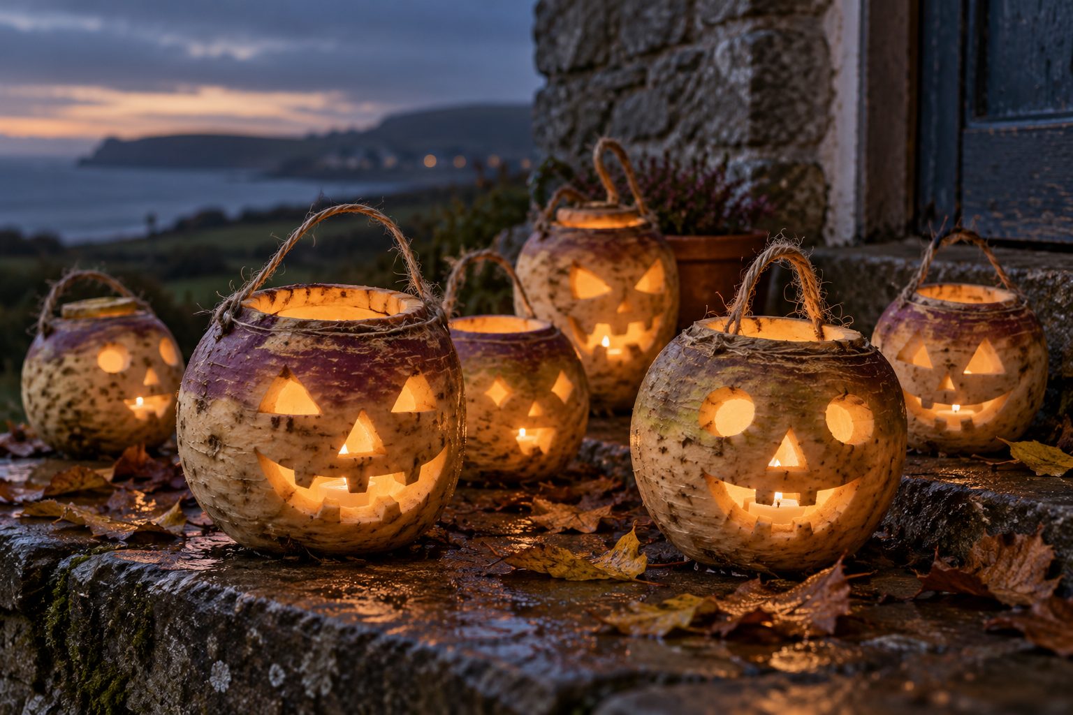 Carved turnip lanterns lit by candlelight on a stone wall at dusk, with the sea behind