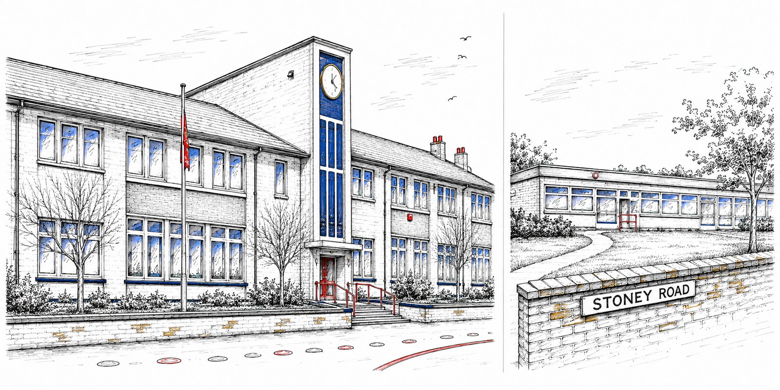 Pen and ink drawing of Scoill yn Jubilee, showing the clock tower and the Stoney Road entrance