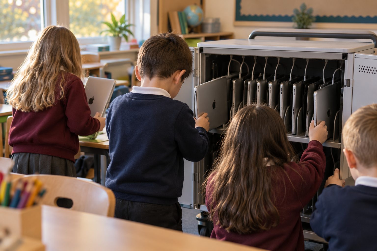 Four children taking iPads from a charging trolley in a classroom