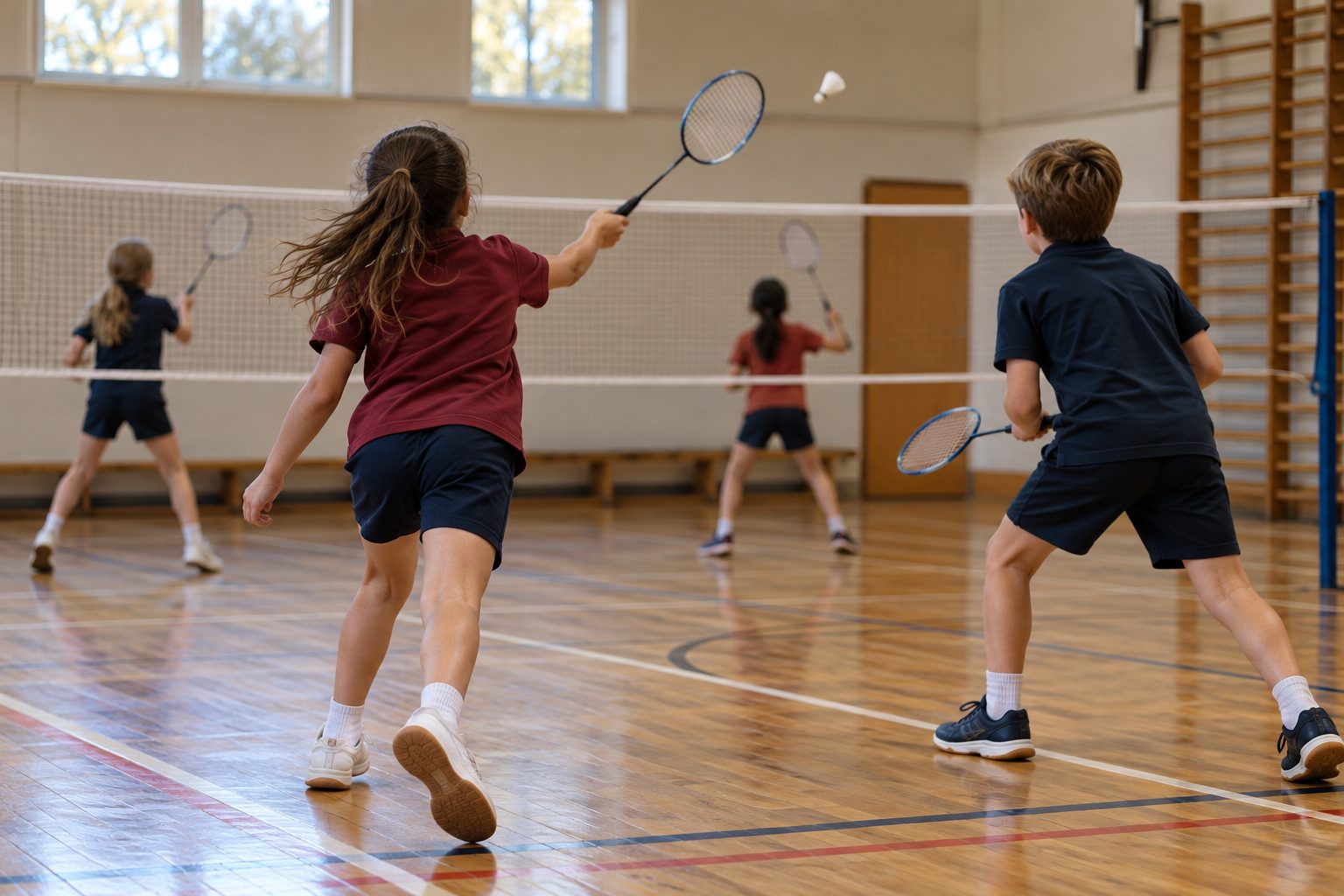 Children playing badminton across a net in the school hall
