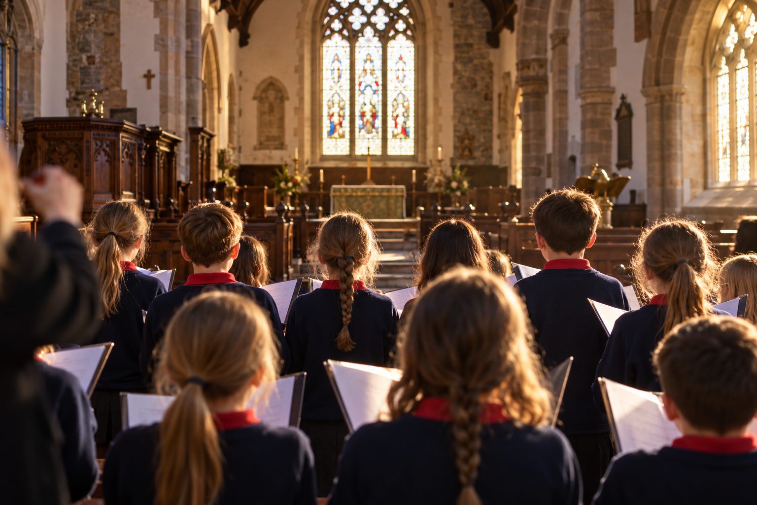 Children in school uniform singing from music stands in a church, facing the stained glass window