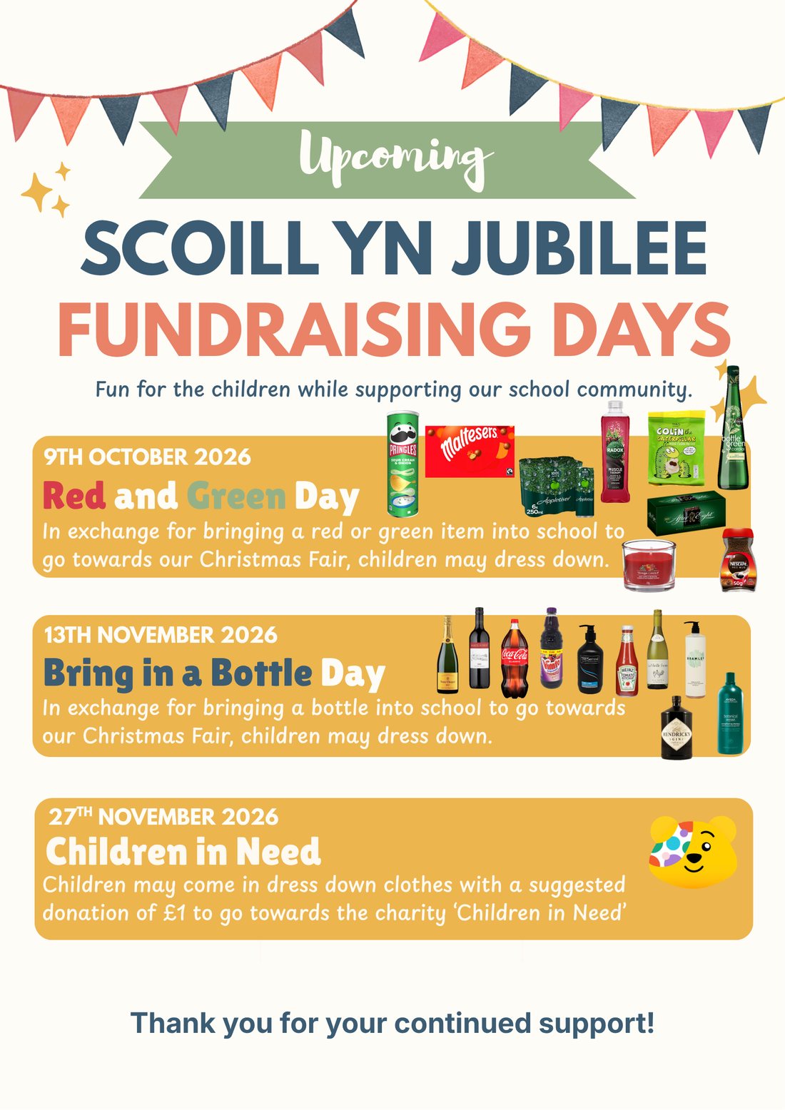 Scoill yn Jubilee fundraising days poster: Red and Green Day on 9th October, Bring in a Bottle Day on 13th November, and Children in Need on 27th November