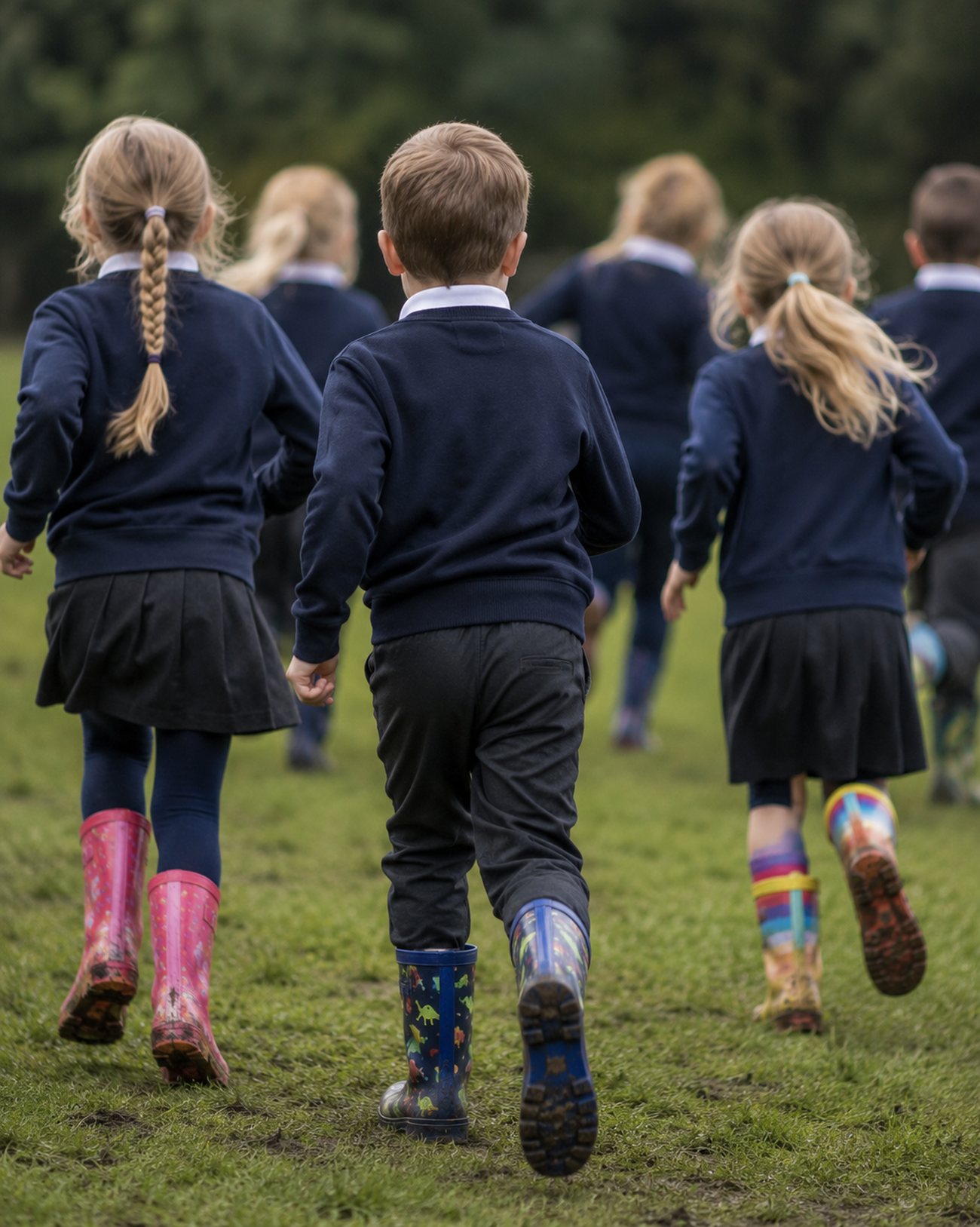 Children in wellies running across the school field