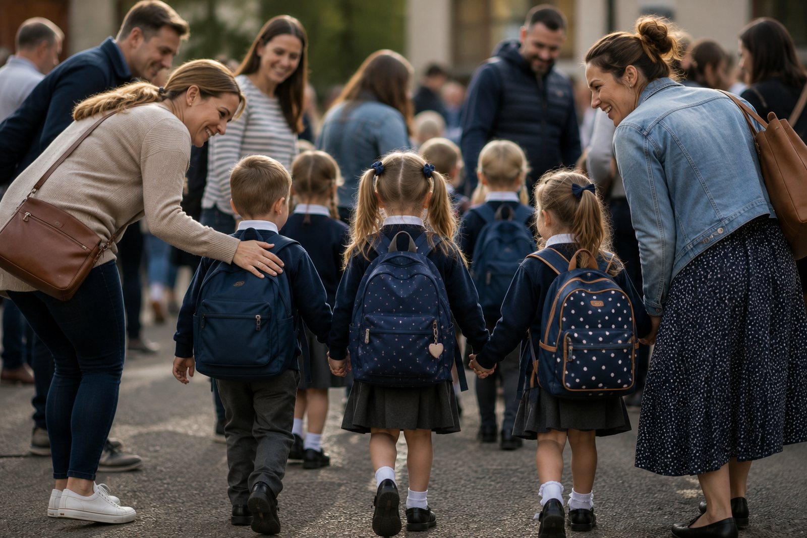 Young children in navy uniform walking into school hand in hand