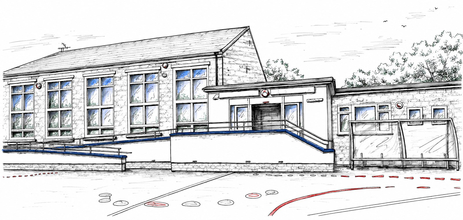 Pen and ink drawing of Willaston Primary School, showing the main entrance and playground