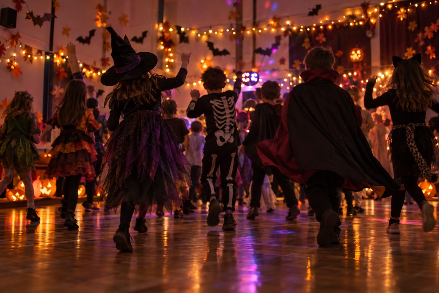 Children in Hop tu Naa costumes dancing in a school hall lit with fairy lights and lanterns