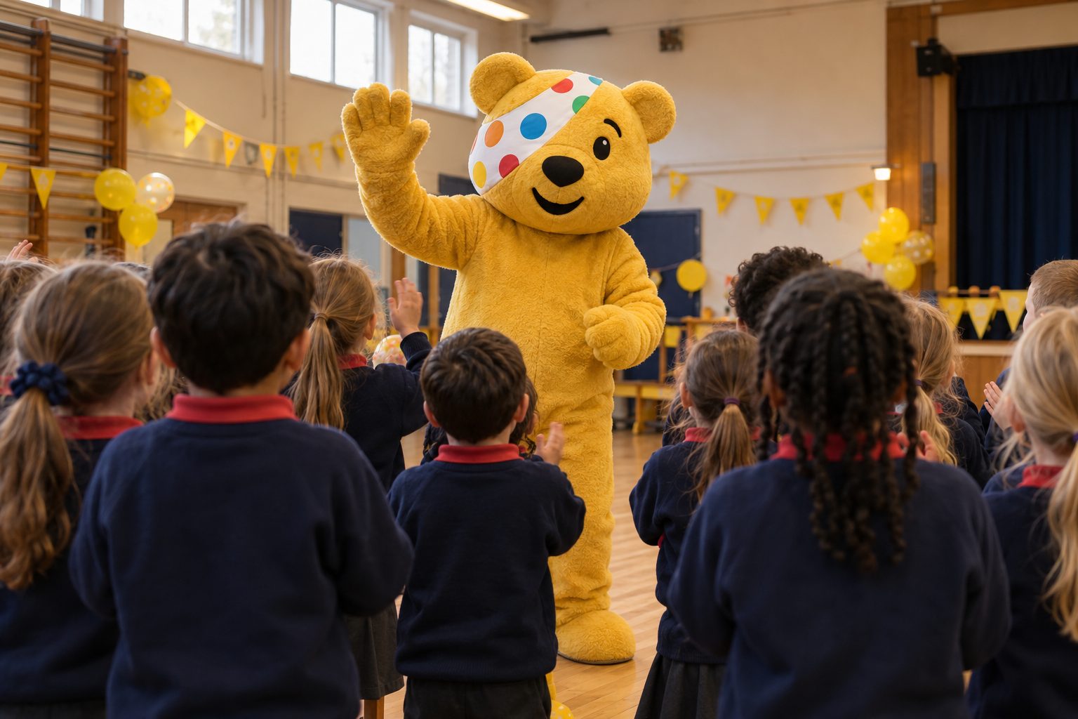 Children in a school hall waving at the Children in Need mascot, with yellow bunting and balloons