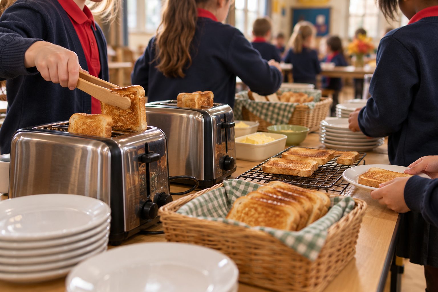 Children serving toast from toasters into baskets at a table in the school hall